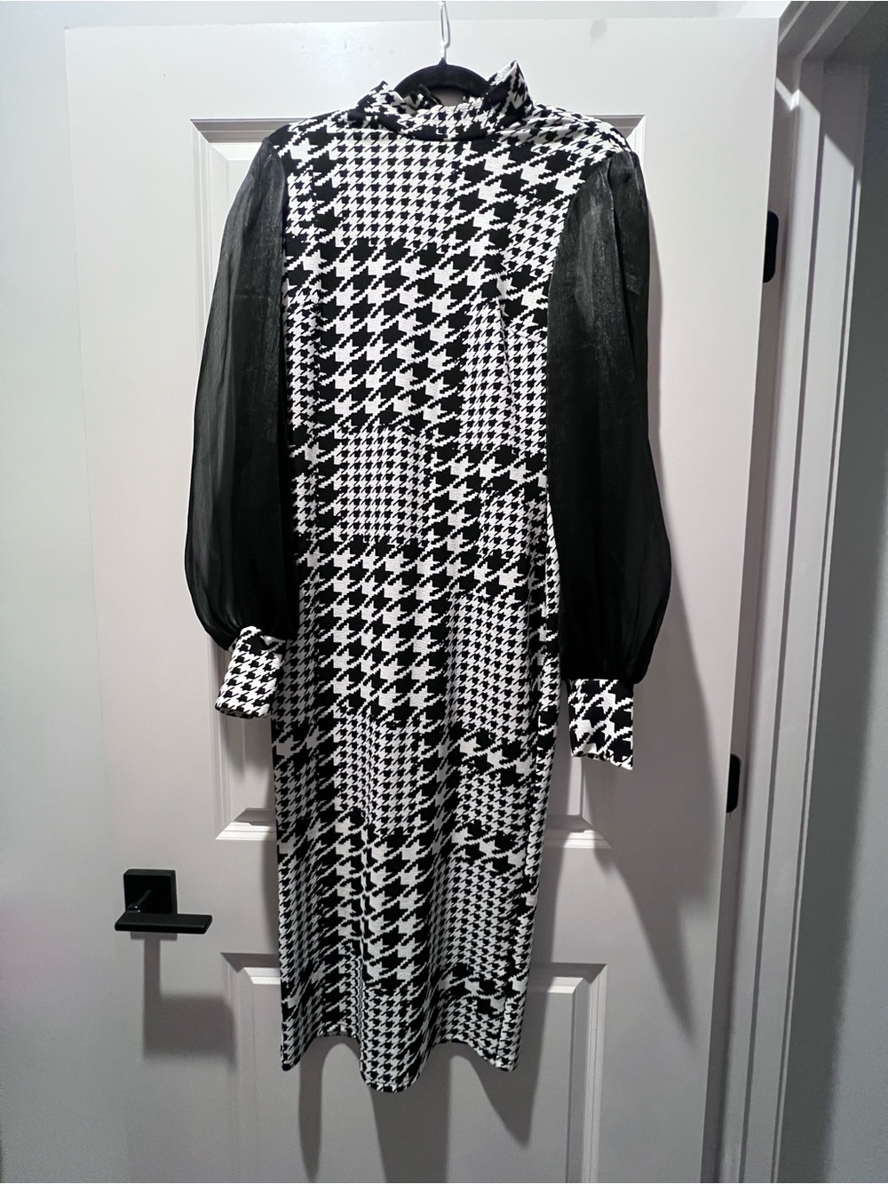 Black & White Houndstooth Midi Dress with Sheer Sleeves